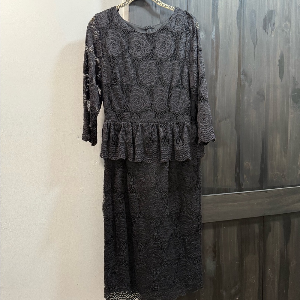 Black Lace Lenovia made in USA dress with floral pattern and ruffle edge
